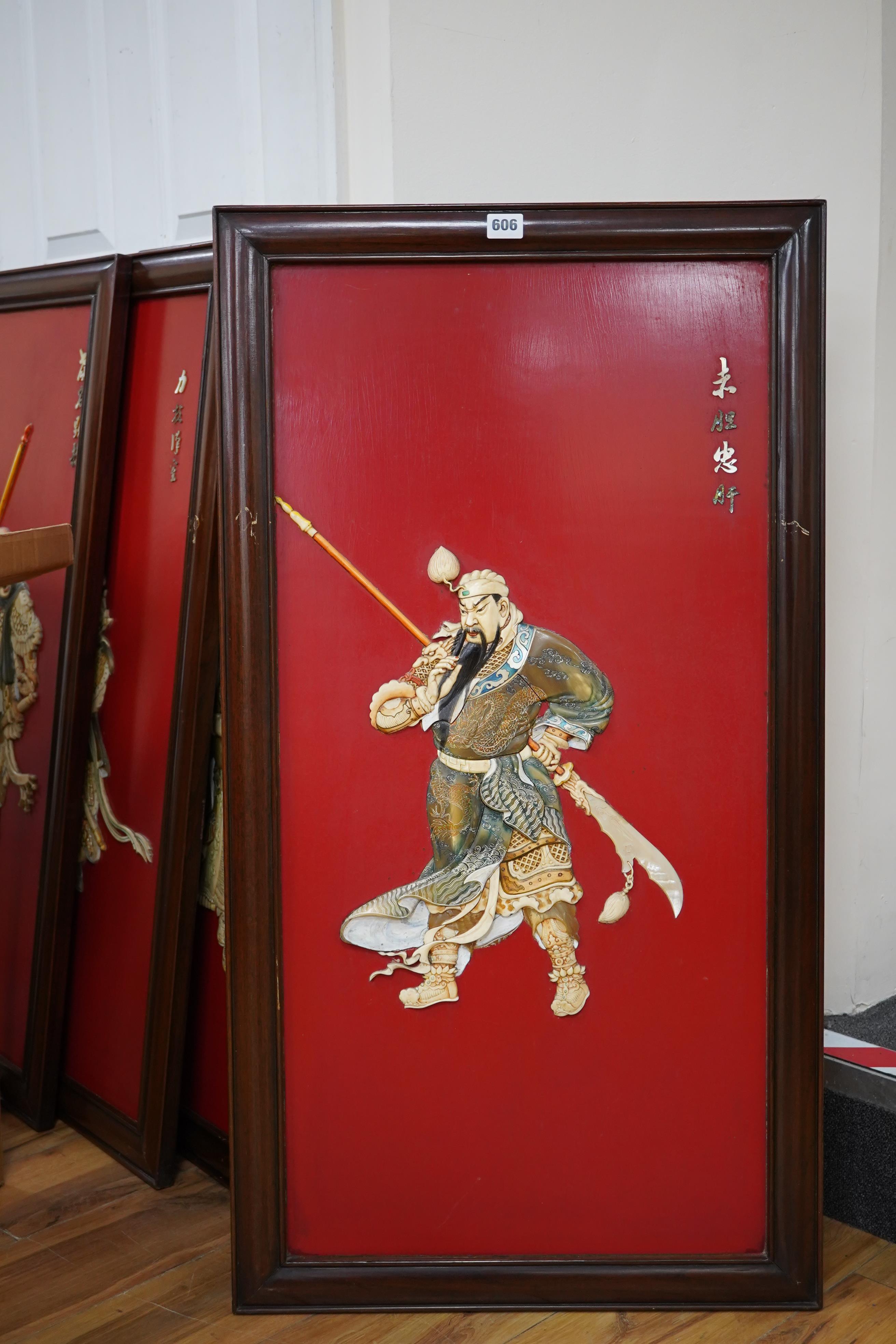 Four large Chinese lacquer and bone mounted relief panels depicting warriors, each 99cm high. Condition - fair to good